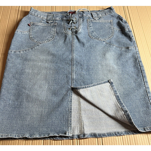 Vtg London Blue Vigoss Jean Skirt Size 1X Blue Denim Lace Up Front Slits Pockets - Picture 5 of 16